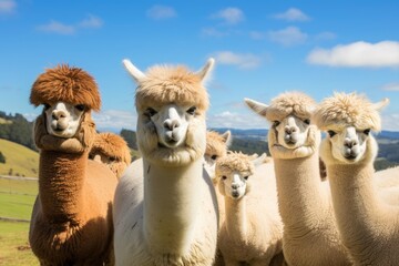 Fototapeta premium A group of llamas, including adults and juveniles, stand next to each other in a grassy field.