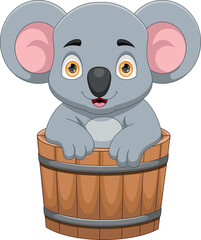 Cheerful koala in a wooden bucket cartoon