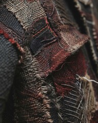 Close-up detail of old fabric texture background. Well-worn object, highlighting meticulous stitching and patches that tell a story of resilience.