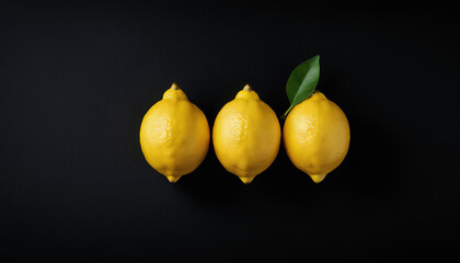 top view of 3 lemons with empty space, on a black background 