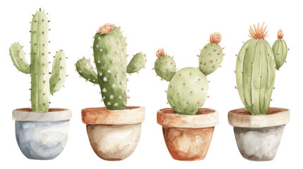 Watercolor cacti in pots, varying in shape and size, with flowers, home gardening, succulents, white background