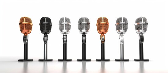 Set of different microphones on wooden table.