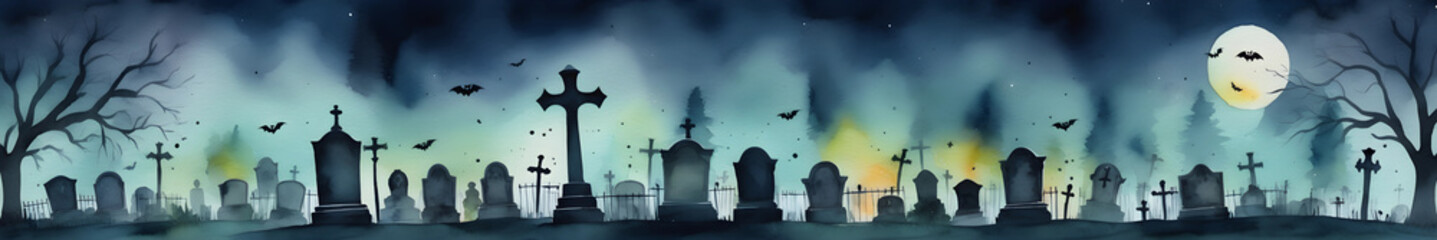 Fototapeta premium Watercolor panorama of Halloween cemetery at night. Very long 6 to 1 autumn graveyard landscape. Beautiful scenery high quality ai generated painting with tombs and crosses.