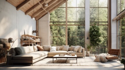 Fototapeta premium A Minimalist interior design of Mid-century loft home in a clear loft modern living room in house in forest. a room with morning sunlight streaming through the window.