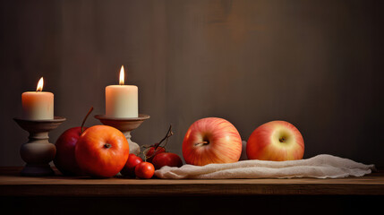Obraz na płótnie Canvas Autumn Harvest: Rustic Fruit Basket on Wooden Table with Candlelight
