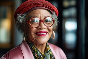 An older woman wearing glasses and a red hat poses for a portrait.
