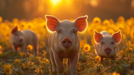 pigs on a field with amazing light 