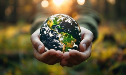 hands holding an earth globe, tiny planet,  protecting the earth, ecology, taking care of nature, global warming, human impact on nature, renewable energies, CSR, Generative AI 