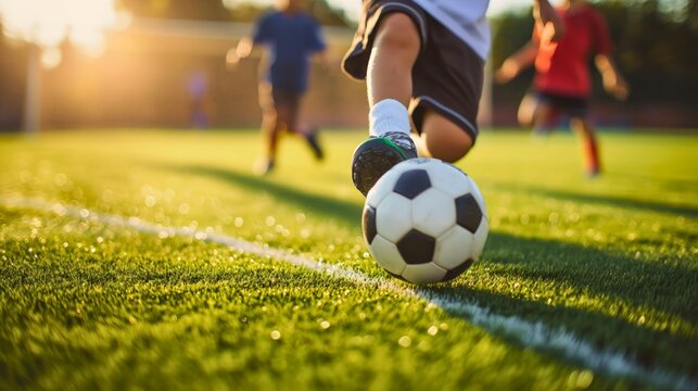 Group of boys playing soccer on the green grass field outdoors, running after the black and white soccer ball. Male kid or child kicking the ball, children sports activity recreation