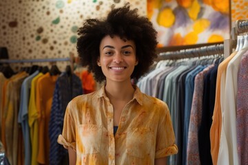 Fototapeta premium A woman stands in front of a rack of various shirts in a clothing store, browsing through the selection.