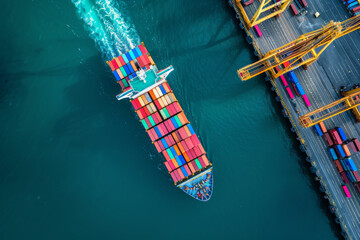 Aerial view of cargo carrying full container for logistic transportation, large ship in ocean freight shipping, and business commerce maritime. 