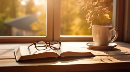 A Light colored books on a wooden table with a cup of coffee. reading glasses and a notebook and pen. Soft sunlight streams through the window. This creates a warm glow in the scene.
