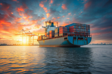 Aerial view of cargo carrying full container for logistic transportation, large ship in ocean freight shipping, and business commerce maritime. 