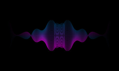 Science, technology, sound wave, and digital communication concepts. Flowing lines and dot blue and purple wave patterns on a black background.