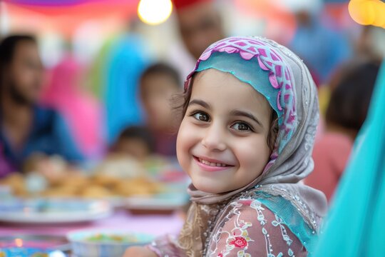 Muslim Girl smiling at the camera during iftar, Islamic ramadan islam iftar food for breaking fast sunnah