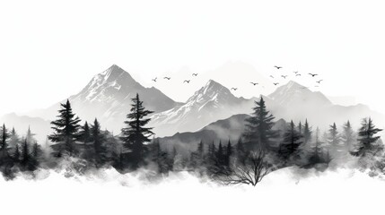 A Black and white mountain range, landscape, tree symbols, stencil vector illustration. - obrazy, fototapety, plakaty