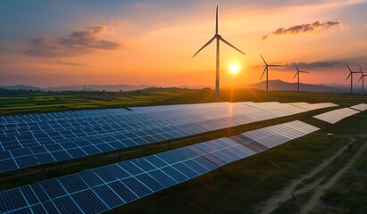 Sunrise over a sustainable future: panoramic view of wind turbines and solar panels illuminated by the morning sun - obrazy, fototapety, plakaty