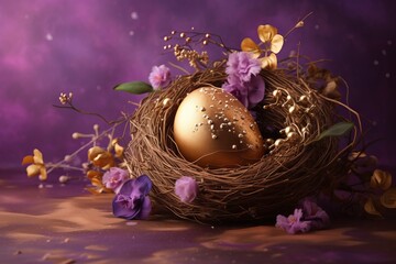 Fototapeta na wymiar Golden egg in nest with flowers decorations. Festive springtime pastel blossom arrangement. Generate ai