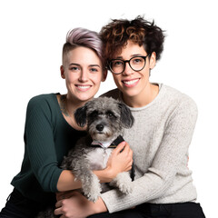 Cheerful Lesbian Family with Pet on Clear Background