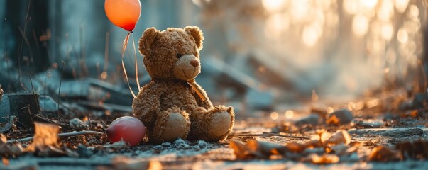 kids teddy bear toy with balloons over city burned destruction of an aftermath war conflict, earthquake or fire and smoke of world war against children peace innocence as copyspace, Generative AI