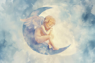 An elegant, watercolor-style illustration showing a single, thoughtful Cupid sitting on a crescent moon