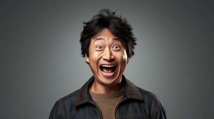 Fototapeta premium A Wow and surprised face Asian man in white t-shirt with hand point on empty space on a white isolated transparent background.