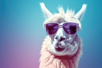 A llama is seen wearing sunglasses while standing against a vibrant blue background.