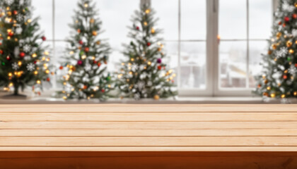 Wooden table with winter background and Merry Christmas.
