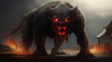 Horrific Beast Glowing Red Eyes Evil Monster - obrazy, fototapety, plakaty