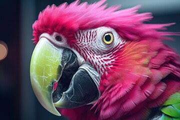 Fototapeta premium A vibrant parrot with a variety of vivid colors is captured in a close-up shot with a blurry background.