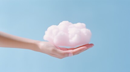 A conceptual image depicting a hand gently holding a fluffy pink cloud against a clear blue sky, symbolizing creativity and imagination.