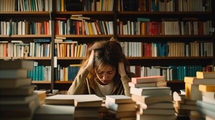A young woman experiencing stress and mental exhaustion, surrounded by towering stacks of books, in a library setting, symbolizing academic pressure.