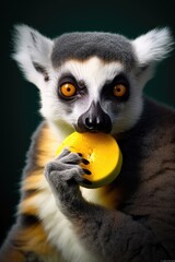 Obraz premium A lemur grips a piece of fruit with its mouth, showcasing its ability to manipulate objects.