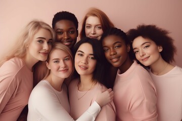 Fototapeta premium Multicultural women posing together. Gorgeous diverse female models hugging portrait. Generate ai