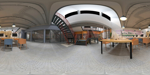 360 degrees working space, office interior 3d render - obrazy, fototapety, plakaty