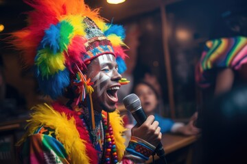 A man in a vibrant and elaborate headdress passionately sings into a microphone during a performance. - obrazy, fototapety, plakaty