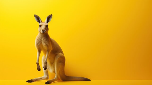 A full-body portrait of a kangaroo against a monochromatic yellow background, highlighting the animal's natural poise and curiosity.