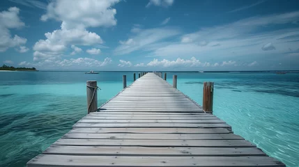 Poster A wooden jetty at sea shore with cloudy sky and blue water. Beautiful summer landscape ,work life balance concept © AiDesign