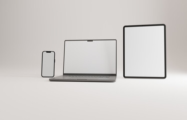 High end phone, tablet and laptop on white studio backdrop. Blank mockup template screen.