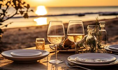 Glasses of white wine and and snacks are served on a table for a dinner with a picturesque beach in the background.