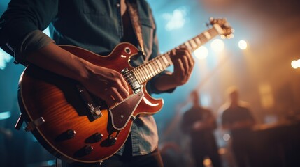 Musician playing the guitar close up at a musical concert. Generative ai