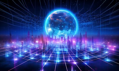 Metaverse digital world cyber space background, neon colorful global world in cyber space, future energy power technology and internet connection concept. Generative Ai
