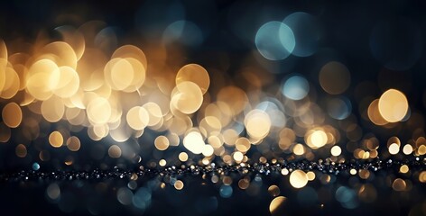 black and gold bokeh, gold and silver, dark, depth of field, defocus, haze, golden lights, blue and gold background, luxury feeling, blue night lights, dark background, Generative AI 