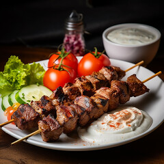 shish kabab on skewers with salad made with generative ai