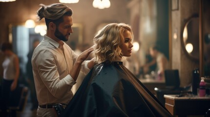 Naklejka premium A woman in a saloon getting a haircut from a male hairdresser. Generative ai