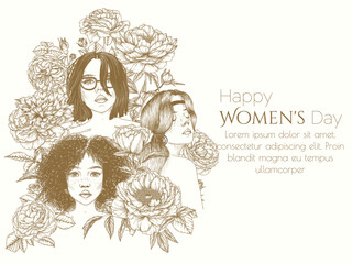 Vector illustration of 3 different girls in peony and rose flowers. Card for March 8th. World Women's Day