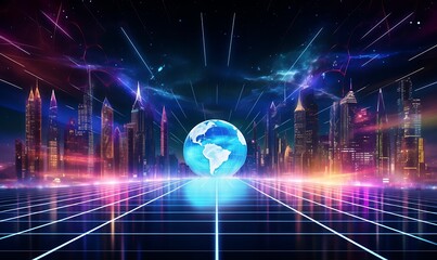 Obraz premium Metaverse digital world cyber space background, neon colorful global world in cyber space, future energy power technology and internet connection concept. Generative Ai