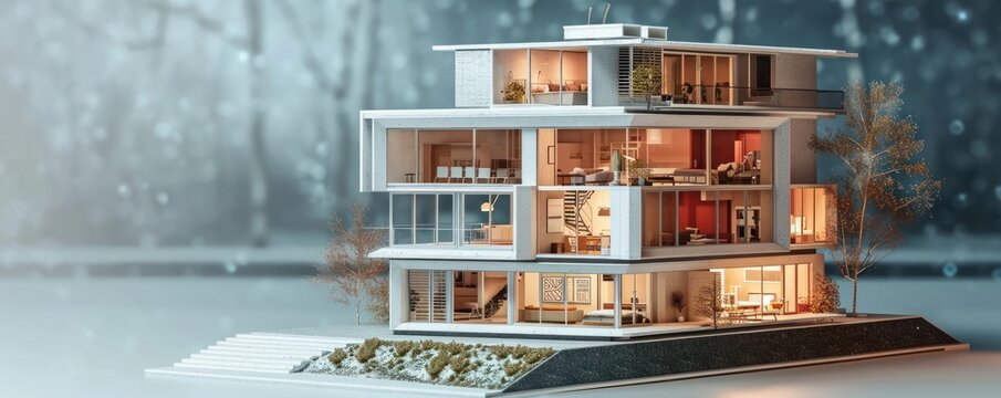 Modern Generic Contemporary Style Miniature Section Model Of Residential Building With Blueprint Elevations Cad Details As Wide Banner With Copyspace Area For Text - Generative AI