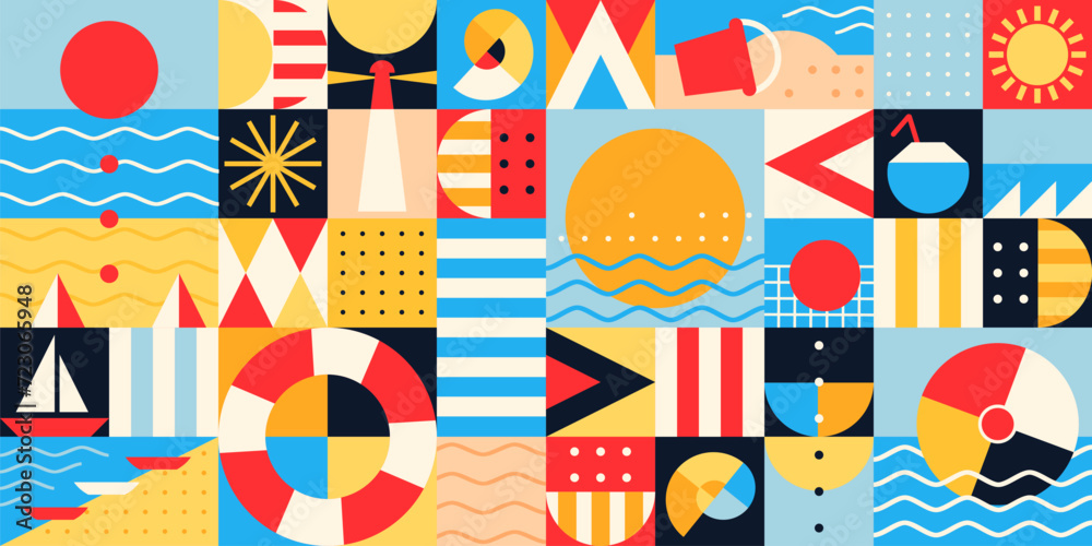 Poster summer beach vacation bauhaus modern abstract geometric pattern, vector background. sun and sea, yac