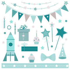 Fototapeta na wymiar vector set of decorative elements for children's party decoration in blue colors